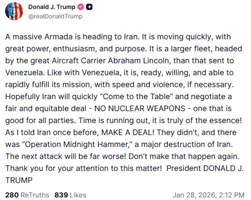 Τραμπ: Αμερικανική αρμάδα κινείται προς το Ιράν, ο χρόνος τελειώνει - Έτοιμοι για διάλογο αλλά θα απαντήσουμε αν προκληθούμε, λέει η Τεχεράνη