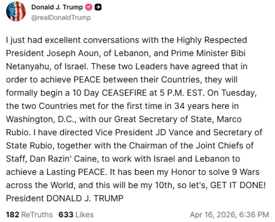 Τραμπ: Λίβανος και Ισραήλ συμφώνησαν 10ήμερη εκεχειρία