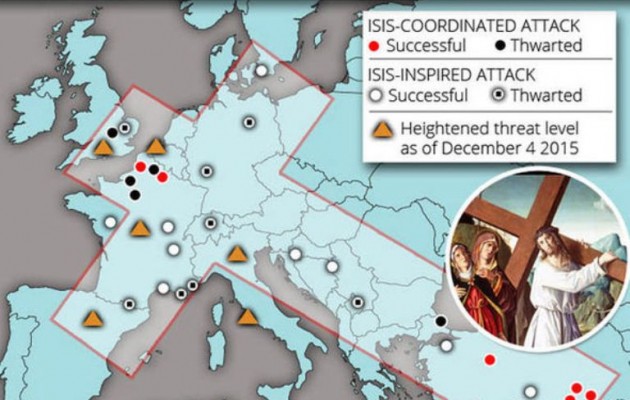Χαρτογραφώντας τα χτυπήματα του ΙΚ στην Ευρώπη σχηματίζεται σταυρός που την χωρίζει στη μέση – Θεωρία συνωμοσίας ή πραγματικότητα;