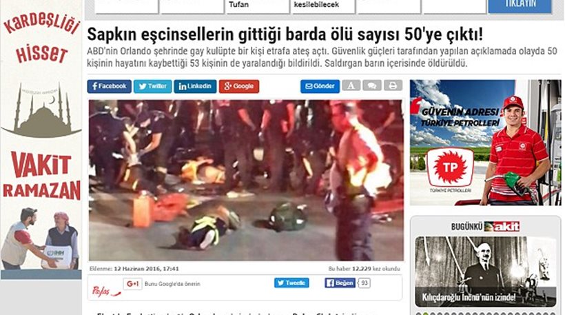 Χαμός με τον τίτλο τουρκικής εφημερίδας για τη σφαγή στο Ορλάντο: «50 ανώμαλοι σκοτώθηκαν σε μπαρ»