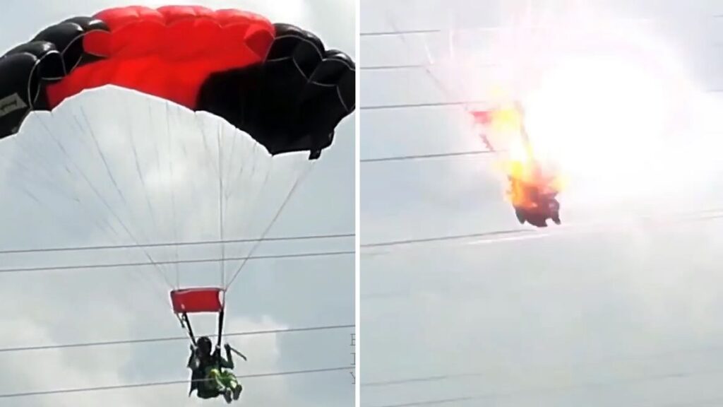 Γυναίκα αλεξιπτωτιστής πέφτει πάνω σε ηλεκτροφόρα καλώδια (βίντεο)